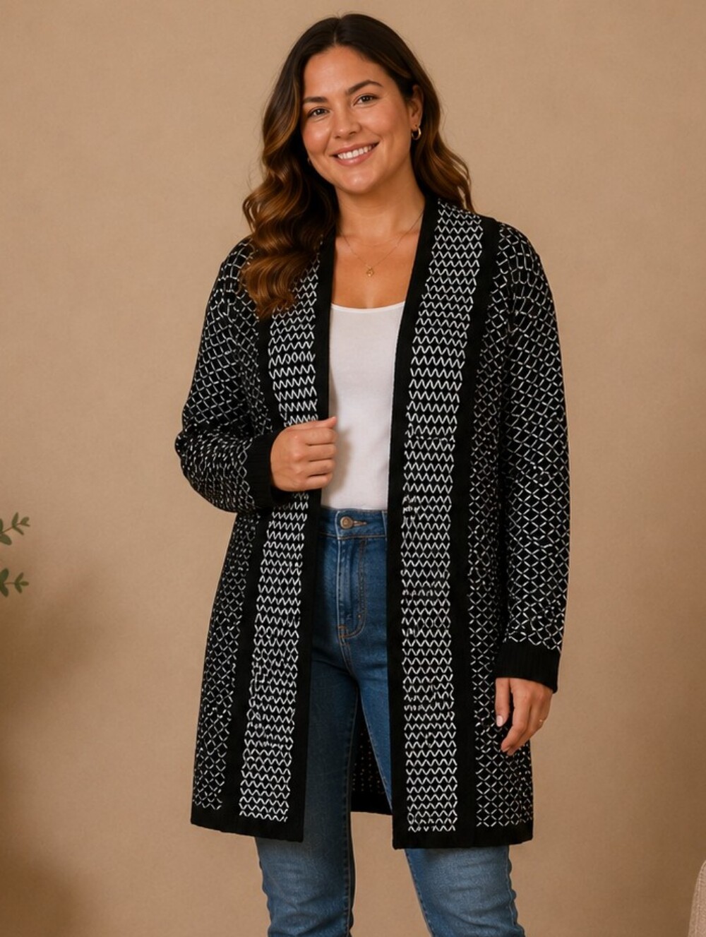 Long Open-Front Black and White Knit Cardigan Sweater